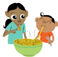 Boy And Girl Sharing Noodles Sticker - Modern Parivar Noodles Eating Stickers