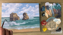 a painting of a beach is being painted by a person with the words made in animotica below it