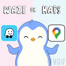 a penguin is holding a waze or maps app icon