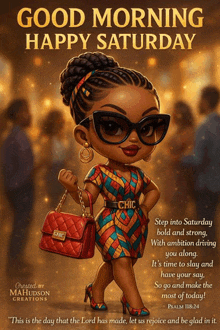 a poster that says good morning happy saturday with a cartoon girl