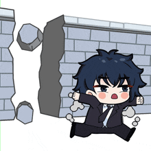 a cartoon of a man in a suit and tie running through a wall