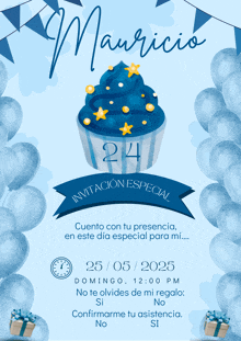 a birthday invitation for mauricio with a blue cupcake and balloons
