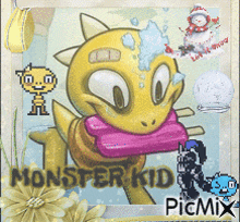 a picture of a monster kid holding a pink stick