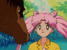 a cartoon girl with pink hair is standing next to a horse