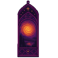 it looks like a pixel art of a stained glass window with a galaxy in the background .