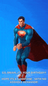 a man in a superman costume is jumping in the air with a cape .