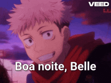 a cartoon character with a scarf around his neck is smiling and says boa noite belle .