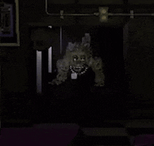 a pixel art of a monster coming out of a door in a dark room with a checkered floor .