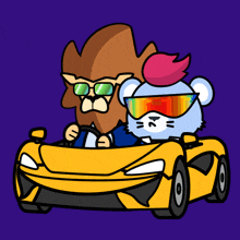 a cartoon of a lion and a mouse in a yellow car