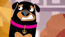 a cartoon dog wearing a pink collar and a peace sign