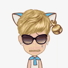 a cartoon woman wearing sunglasses and cat ears with a bell on her head .