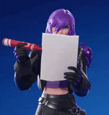 a girl with purple hair is holding a red marker and a piece of paper in front of her face