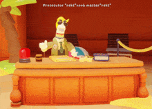 a cartoon of a prosecutor giving a thumbs up in front of a table