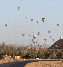 a bunch of hot air balloons are flying over a desert landscape