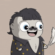 a cartoon otter with a mustache is holding a feather .