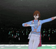 a man in a blue shirt and white pants stands on a stage