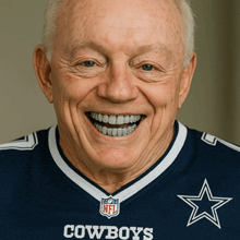 a man wearing a cowboys jersey is smiling