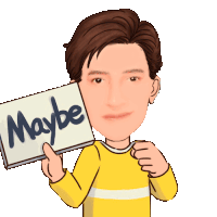 a man in a yellow shirt is holding a sign that says " maybe "