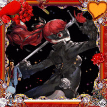 a picture of a woman with red hair holding a sword in a frame that says picmix on the bottom