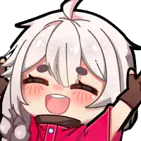 a cartoon of a girl with white hair and a red shirt is smiling .