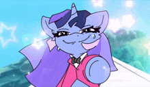 a cartoon drawing of a unicorn wearing a red jacket