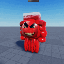 a red cartoon character with a huge smile on his face is standing on a grid floor