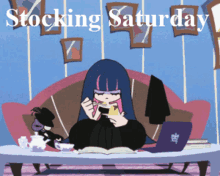 a cartoon of a girl sitting on a couch reading a book and drinking tea with the words stocking saturday above her