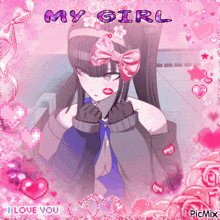 a picture of a girl with a pink bow and the words my girl