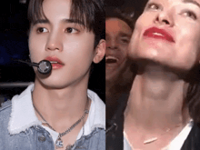 a man with a microphone in his mouth and a woman with red lips