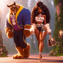 a cartoon of a woman walking next to a beast with the letter s on his chest