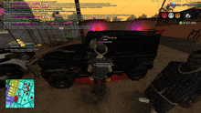 a screenshot of a video game shows a man standing in front of a black car