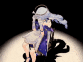 a girl in a blue dress is sitting in a chair
