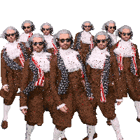 a group of men wearing wigs and sunglasses are walking in a row