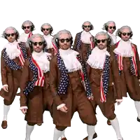 a group of men wearing wigs and sunglasses are walking in a row