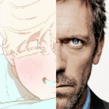 a half of a man 's face is shown next to a half of a drawing of a woman 's face .