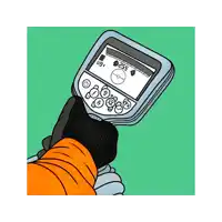 a cartoon drawing of a person using a metal detector with the apidutos logo in the corner