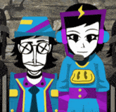 a man and a woman are standing next to each other in a cartoon drawing