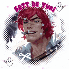 a drawing of a man with red hair and the words sett de yuki above him