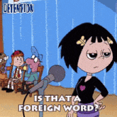 a cartoon of a girl standing in front of a microphone that says detention