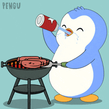 a cartoon of a penguin cooking sausages on a grill