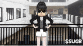 a girl in a black jacket and white shorts is standing in front of a railing with $ sugr on the bottom