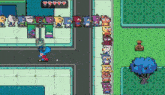a video game shows a bunch of cartoon characters on a street and a tree