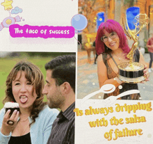 a woman with pink hair holds a trophy next to a man and a sign that says " the taco of success "