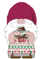 a pixel art of a gnome wearing a christmas sweater and hat .