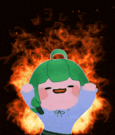 a pixel art of a girl with green hair standing in front of a fire