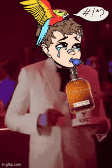 a cartoon of a man holding a bottle of whiskey