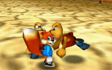 a cartoon character is standing next to another cartoon character in a video game on a sandy surface .