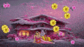 a painting of a woman and a man in front of a pink house with flowers