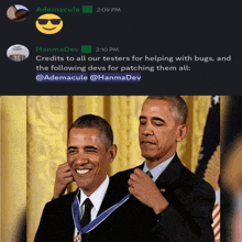 a picture of barack obama being awarded a medal with a message from adamacule