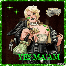 a cartoon of a woman holding a bag of money with the words yes ma am written on the bottom